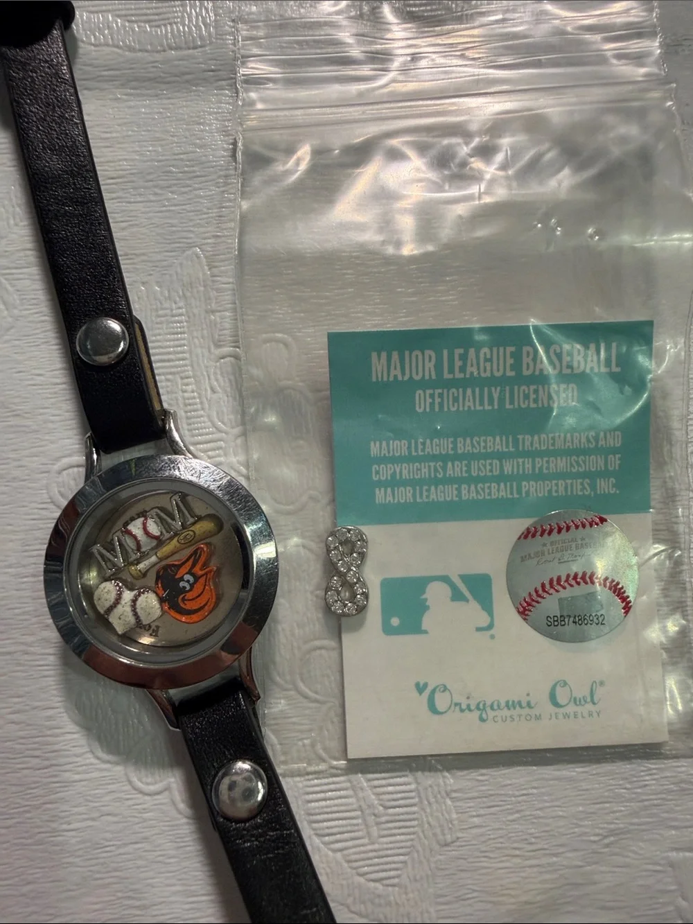 Origami Owl Black Leather Wrap Charm Watch with Baseball-Themed Locket